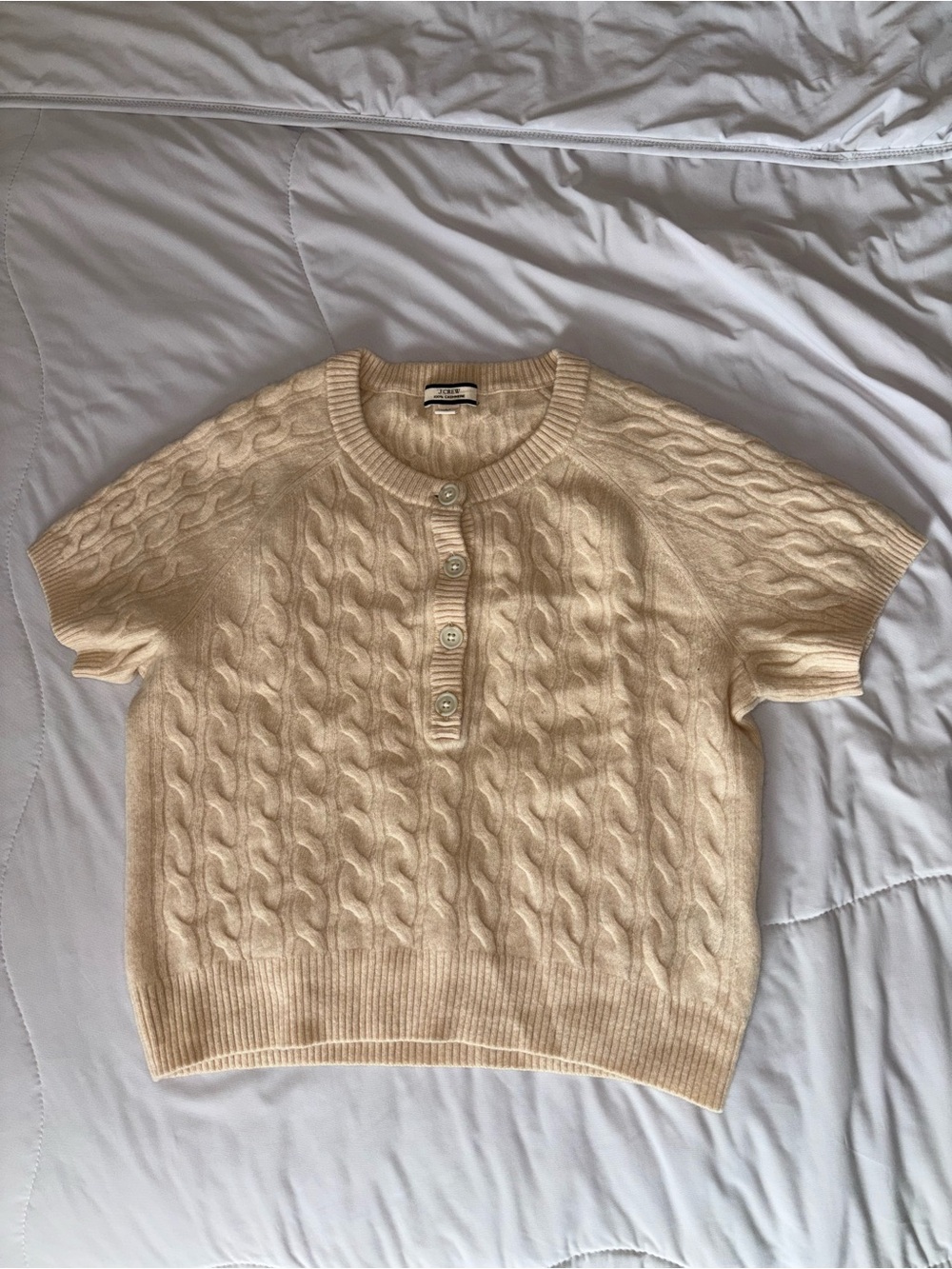 J. Crew Cream Cable Knit Short Sleeve Cashmere Sweater